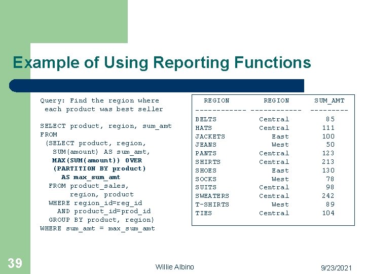Example of Using Reporting Functions Query: Find the region where each product was best