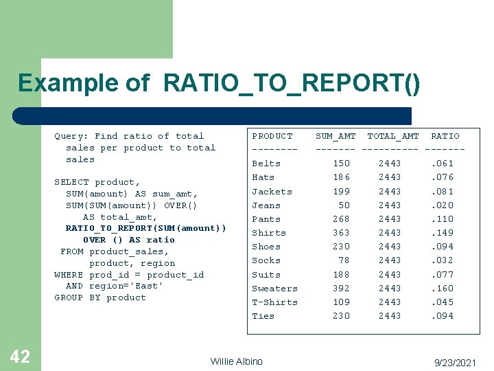 Example of RATIO_TO_REPORT() Query: Find ratio of total sales per product to total sales