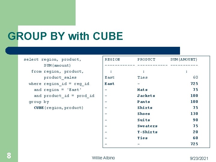 GROUP BY with CUBE select region, product, SUM(amount) from region, product_sales where region_id =