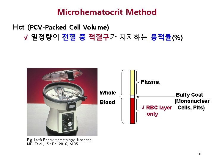 Microhematocrit Method Hct (PCV-Packed Cell Volume) √ 일정량의 전혈 중 적혈구가 차지하는 용적율(%) Plasma