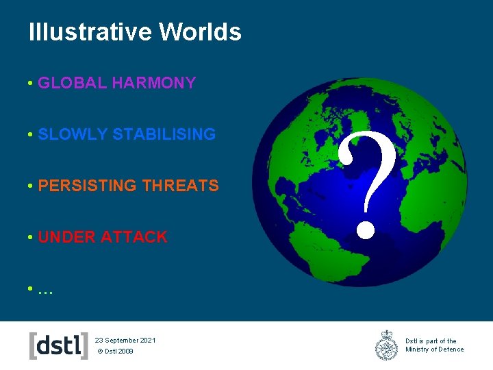 Illustrative Worlds • GLOBAL HARMONY • SLOWLY STABILISING • PERSISTING THREATS • UNDER ATTACK