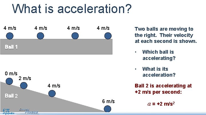 What is acceleration? 4 m/s Ball 1 0 m/s 2 m/s 4 m/s Ball
