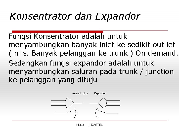 Konsentrator dan Expandor Fungsi Konsentrator adalah untuk menyambungkan banyak inlet ke sedikit out let