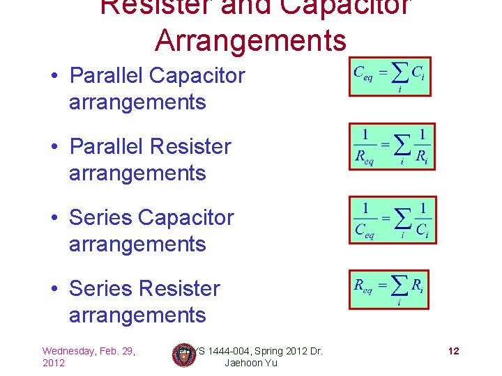 Resister and Capacitor Arrangements • Parallel Capacitor arrangements • Parallel Resister arrangements • Series