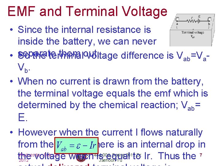 EMF and Terminal Voltage • Since the internal resistance is inside the battery, we