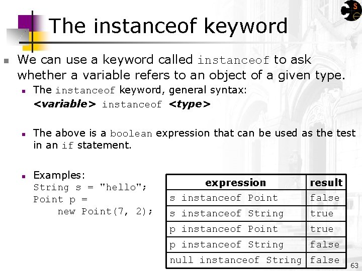 The instanceof keyword n We can use a keyword called instanceof to ask whether