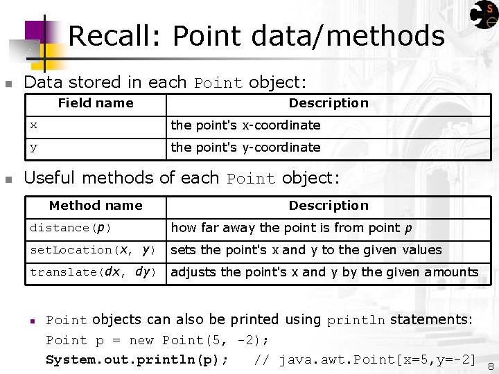 Recall: Point data/methods n Data stored in each Point object: Field name n Description
