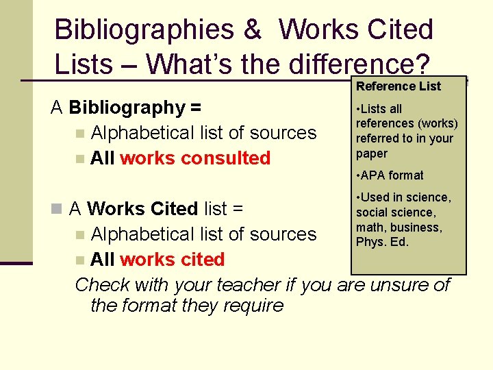 Bibliographies & Works Cited Lists – What’s the difference? Reference List A Bibliography =