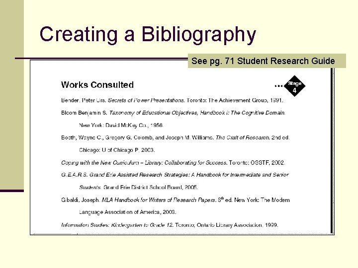 Creating a Bibliography See pg. 71 Student Research Guide 