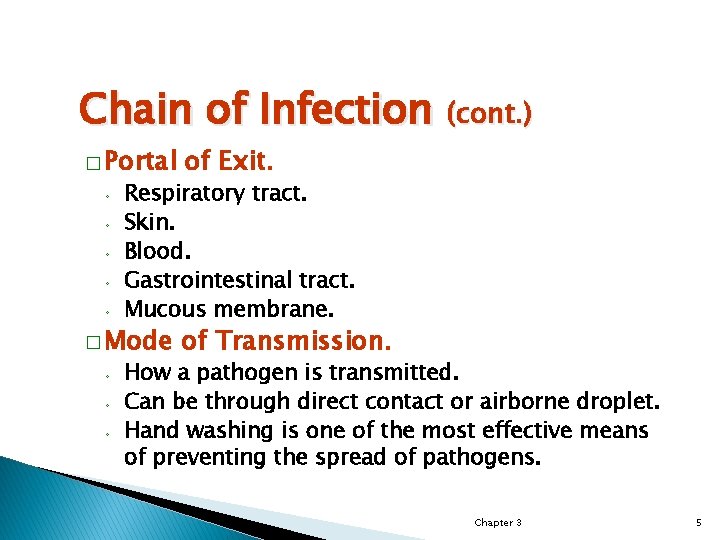 Chain of Infection (cont. ) � Portal ◦ ◦ ◦ Respiratory tract. Skin. Blood.
