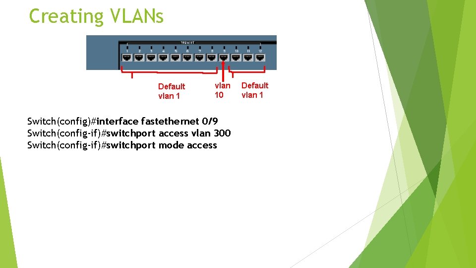 Creating VLANs Default vlan 10 Switch(config)#interface fastethernet 0/9 Switch(config-if)#switchport access vlan 300 Switch(config-if)#switchport mode
