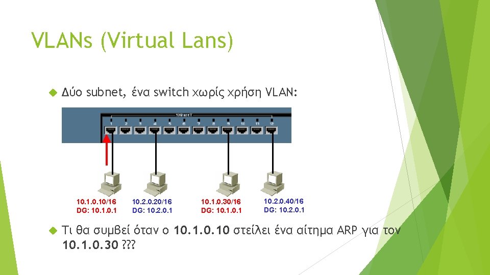 VLANs (Virtual Lans) Δύο subnet, ένα switch χωρίς χρήση VLAN: 10. 10/16 DG: 10.
