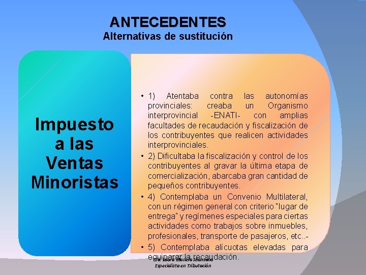 ANTECEDENTES Alternativas de sustitución Impuesto a las Ventas Minoristas • 1) Atentaba contra las