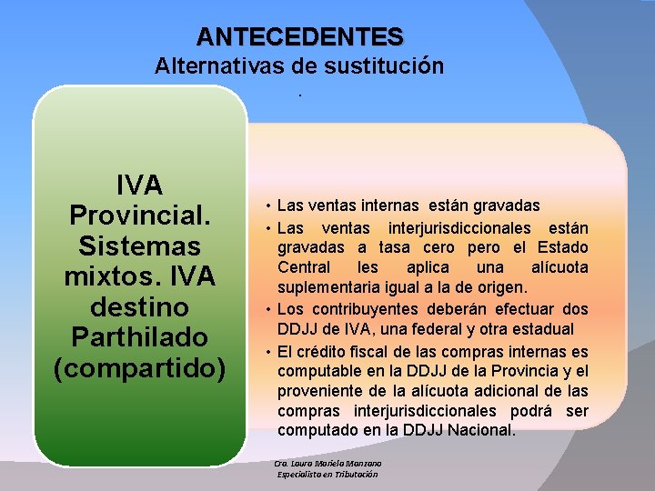 ANTECEDENTES Alternativas de sustitución. IVA Provincial. Sistemas mixtos. IVA destino Parthilado (compartido) • Las