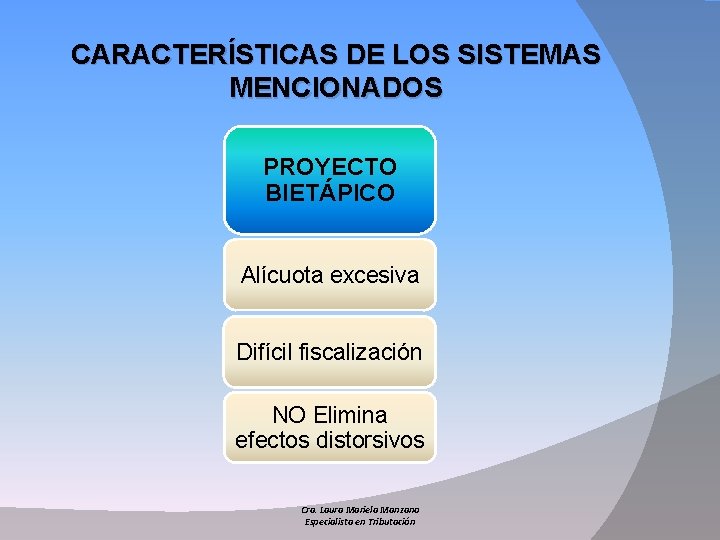 CARACTERÍSTICAS DE LOS SISTEMAS MENCIONADOS PROYECTO BIETÁPICO Alícuota excesiva Difícil fiscalización NO Elimina efectos