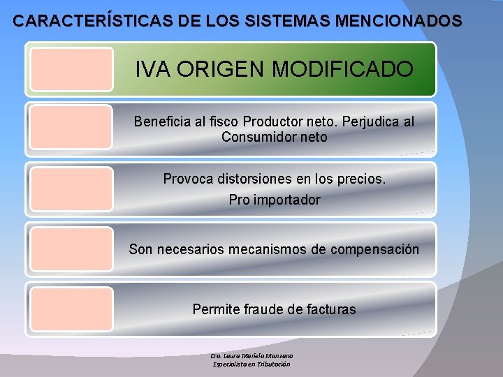 CARACTERÍSTICAS DE LOS SISTEMAS MENCIONADOS IVA ORIGEN MODIFICADO Beneficia al fisco Productor neto. Perjudica