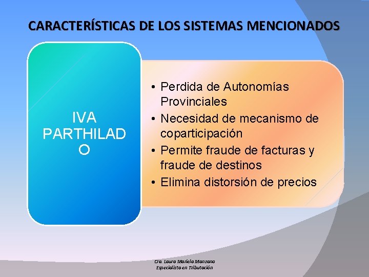 CARACTERÍSTICAS DE LOS SISTEMAS MENCIONADOS IVA PARTHILAD O • Perdida de Autonomías Provinciales •