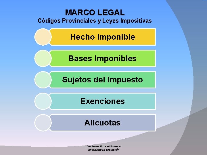 MARCO LEGAL Códigos Provinciales y Leyes Impositivas Hecho Imponible Bases Imponibles Sujetos del Impuesto