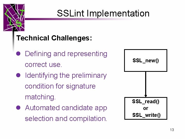 SSLint Implementation Technical Challenges: l Defining and representing correct use. l Identifying the preliminary SSLint Implementation Technical Challenges: l Defining and representing correct use. l Identifying the preliminary