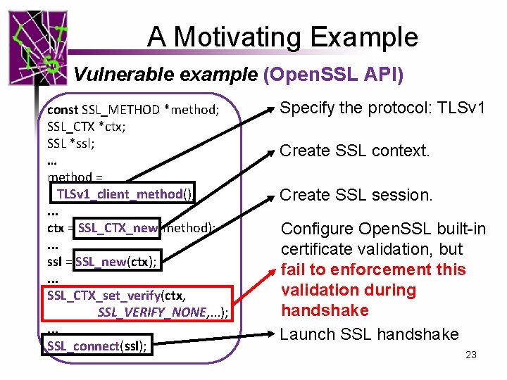 A Motivating Example Vulnerable example (Open. SSL API) const SSL_METHOD *method; SSL_CTX *ctx; SSL A Motivating Example Vulnerable example (Open. SSL API) const SSL_METHOD *method; SSL_CTX *ctx; SSL
