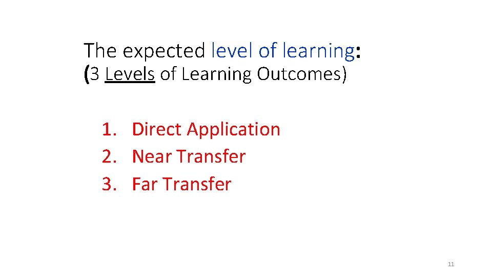 The expected level of learning: (3 Levels of Learning Outcomes) 1. Direct Application 2.
