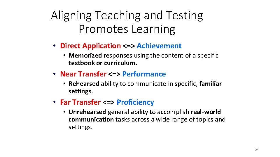 Aligning Teaching and Testing Promotes Learning • Direct Application <=> Achievement • Memorized responses