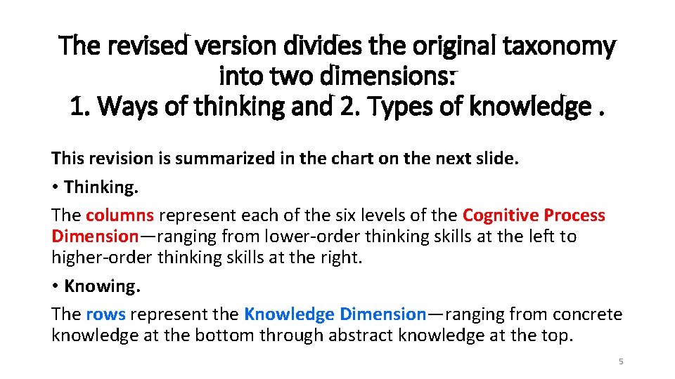The revised version divides the original taxonomy into two dimensions: 1. Ways of thinking
