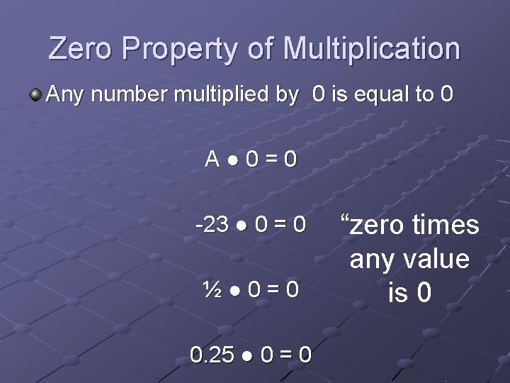 Zero Property of Multiplication Any number multiplied by 0 is equal to 0 A●