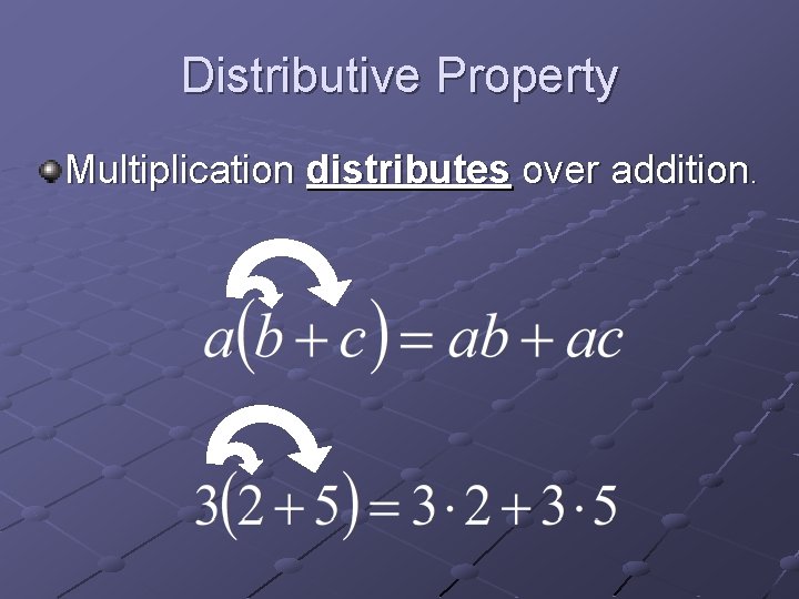 Distributive Property Multiplication distributes over addition. 