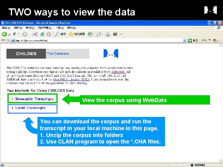 TWO ways to view the data View the corpus using Web. Data You can