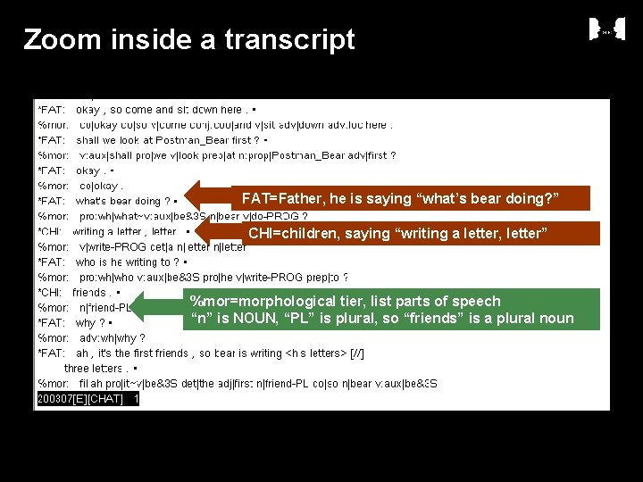 Zoom inside a transcript FAT=Father, he is saying “what’s bear doing? ” CHI=children, saying