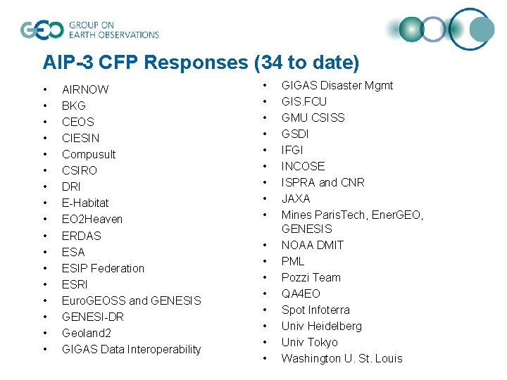 AIP-3 CFP Responses (34 to date) • • • • • AIRNOW BKG CEOS