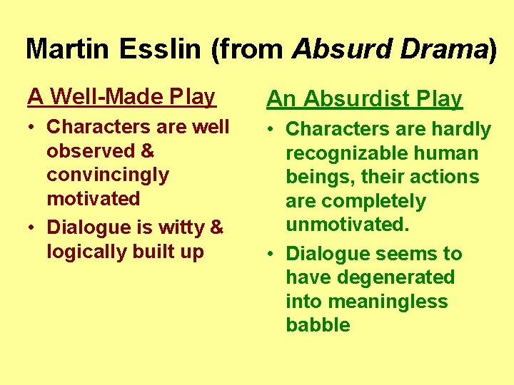Martin Esslin (from Absurd Drama) A Well-Made Play An Absurdist Play • Characters are