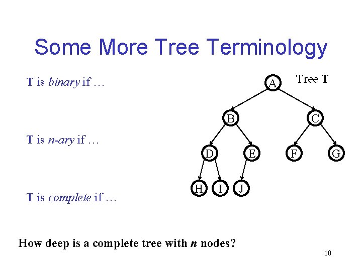 Some More Tree Terminology T is binary if … A Tree T B C