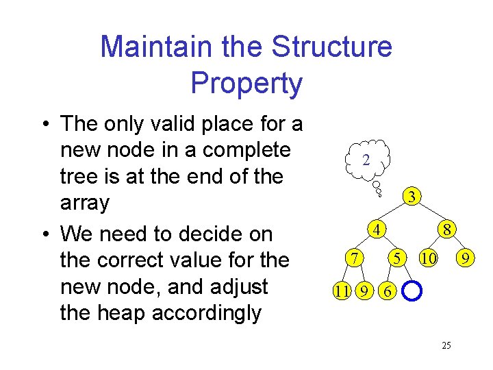 Maintain the Structure Property • The only valid place for a new node in