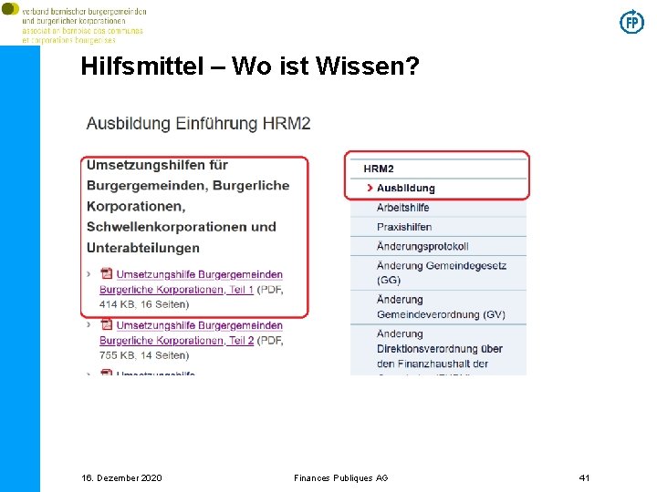 Hilfsmittel – Wo ist Wissen? 16. Dezember 2020 Finances Publiques AG 41 