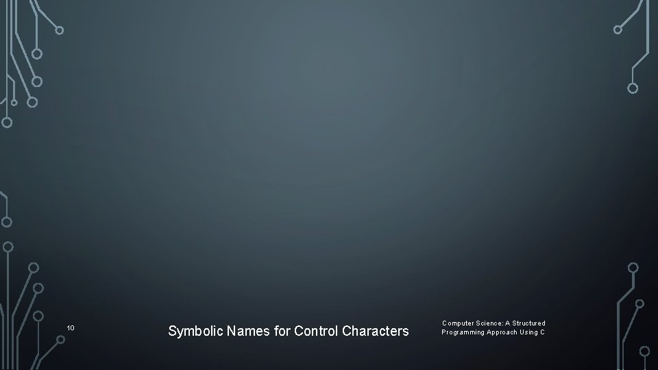10 Symbolic Names for Control Characters Computer Science: A Structured Programming Approach Using C 10 Symbolic Names for Control Characters Computer Science: A Structured Programming Approach Using C