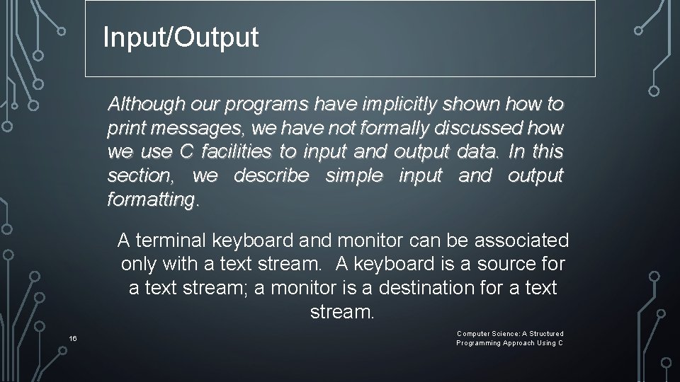 Input/Output Although our programs have implicitly shown how to print messages, we have not Input/Output Although our programs have implicitly shown how to print messages, we have not