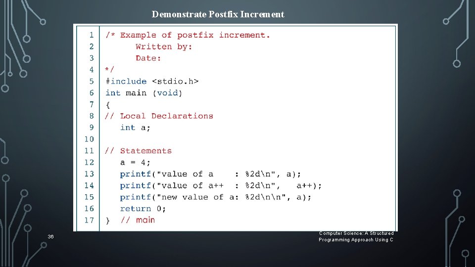Demonstrate Postfix Increment 36 Computer Science: A Structured Programming Approach Using C Demonstrate Postfix Increment 36 Computer Science: A Structured Programming Approach Using C