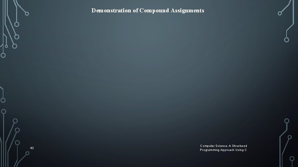 Demonstration of Compound Assignments 43 Computer Science: A Structured Programming Approach Using C Demonstration of Compound Assignments 43 Computer Science: A Structured Programming Approach Using C