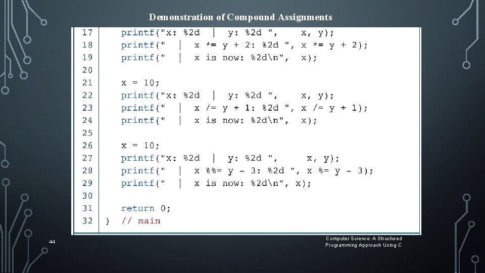 Demonstration of Compound Assignments 44 Computer Science: A Structured Programming Approach Using C Demonstration of Compound Assignments 44 Computer Science: A Structured Programming Approach Using C
