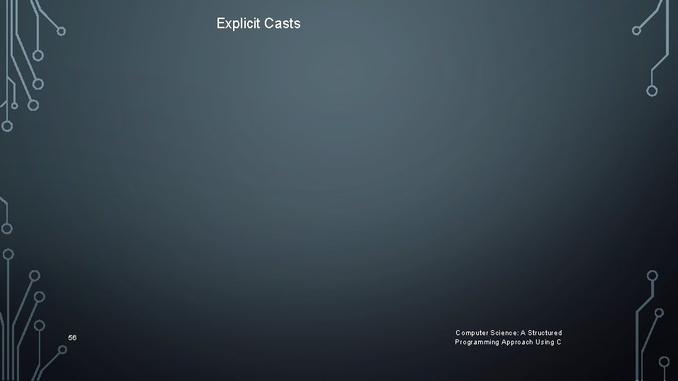 Explicit Casts 56 Computer Science: A Structured Programming Approach Using C Explicit Casts 56 Computer Science: A Structured Programming Approach Using C