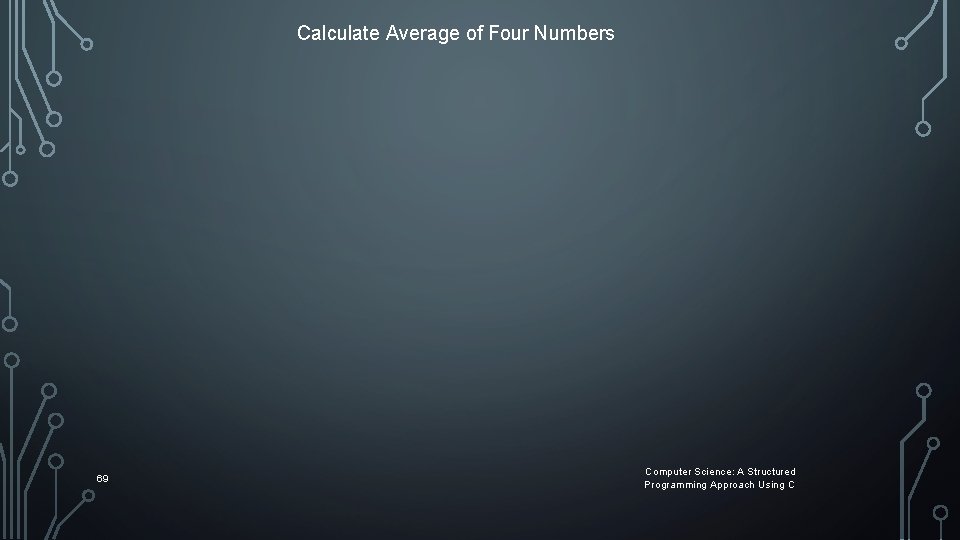 Calculate Average of Four Numbers 69 Computer Science: A Structured Programming Approach Using C Calculate Average of Four Numbers 69 Computer Science: A Structured Programming Approach Using C