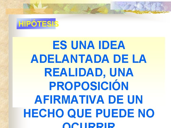 HIPÓTESIS ES UNA IDEA ADELANTADA DE LA REALIDAD, UNA PROPOSICIÓN AFIRMATIVA DE UN HECHO