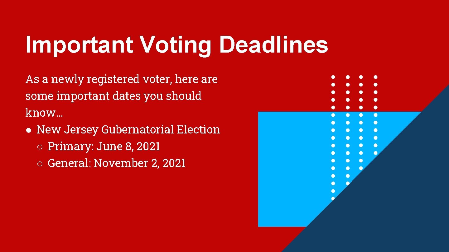 Important Voting Deadlines As a newly registered voter, here are some important dates you