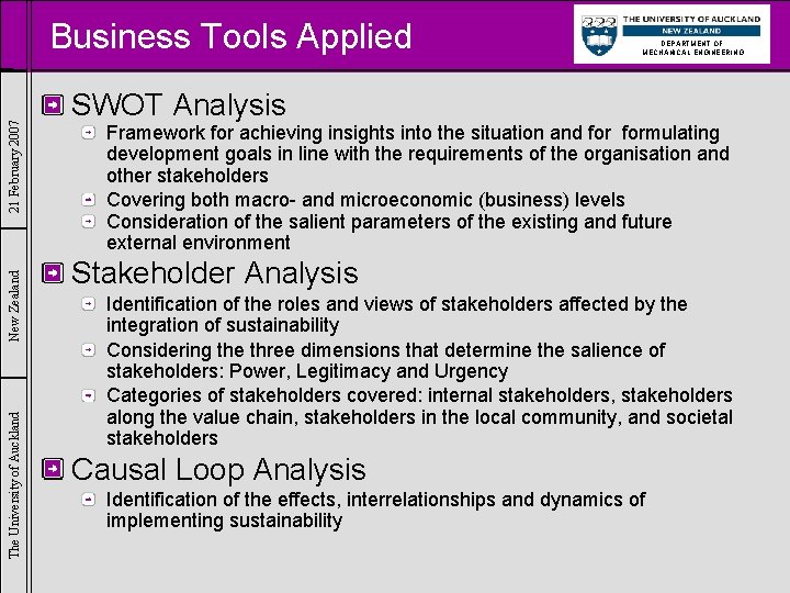 The University of Auckland New Zealand 21 February 2007 Business Tools Applied DEPARTMENT OF