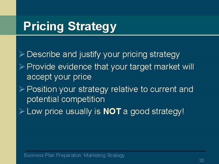 Pricing Strategy Ø Describe and justify your pricing strategy Ø Provide evidence that your