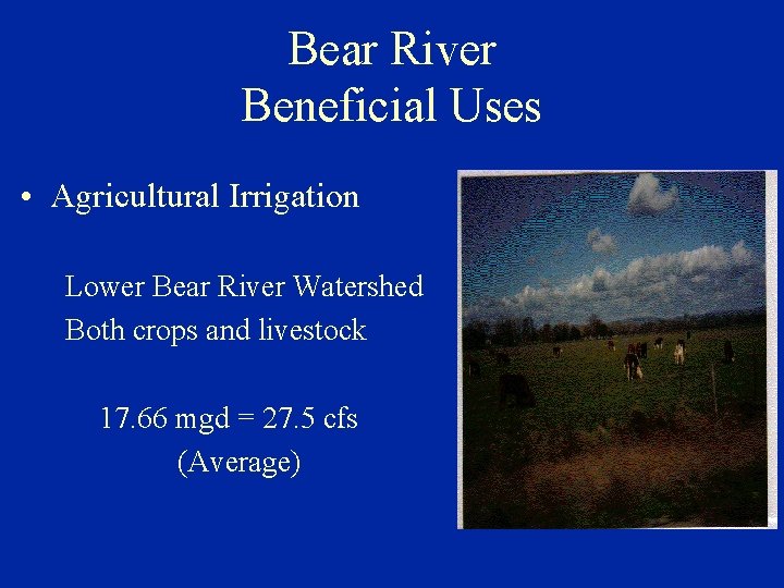 Bear River Beneficial Uses • Agricultural Irrigation Lower Bear River Watershed Both crops and