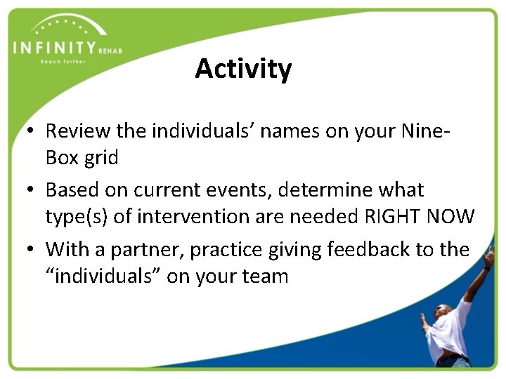 Activity • Review the individuals’ names on your Nine. Box grid • Based on