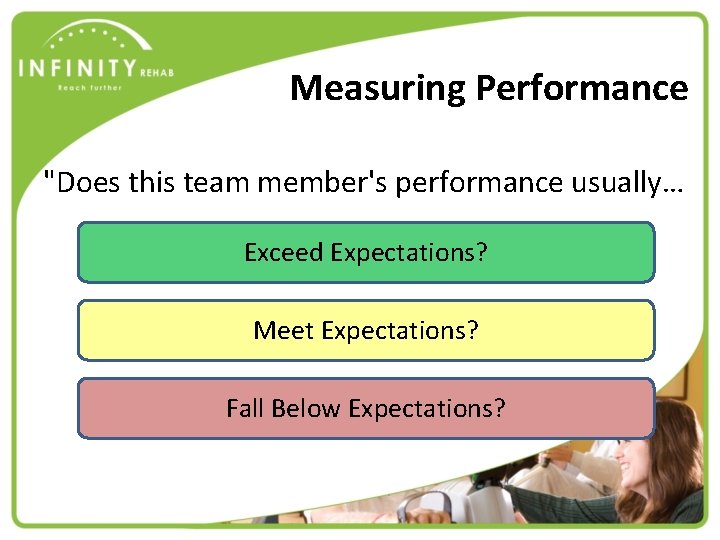 Measuring Performance "Does this team member's performance usually… Exceed Expectations? Meet Expectations? Fall Below